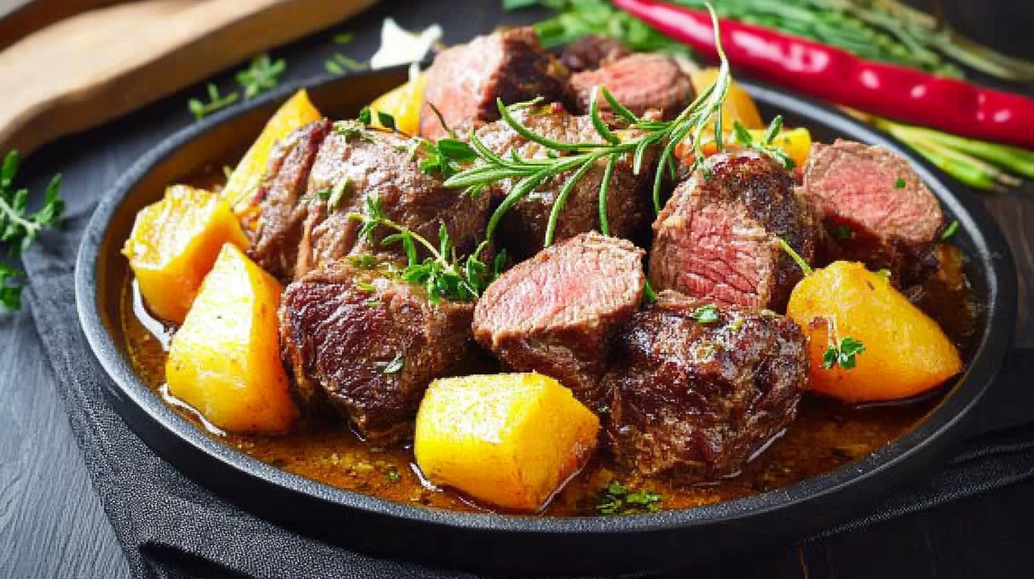 Tender goat meat stew with potatoes, garnished with fresh rosemary and herbs.