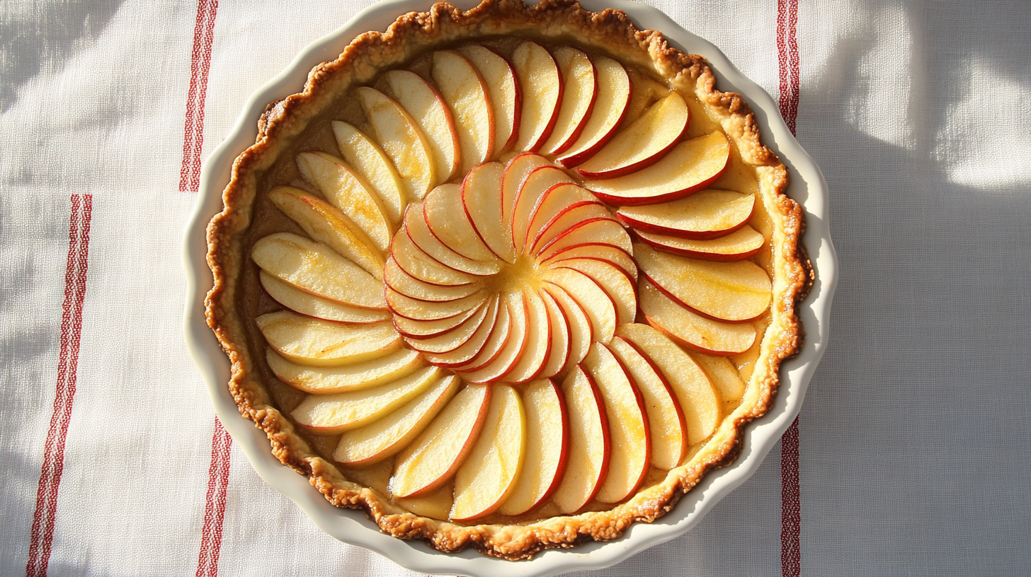reshly baked French Apple Pie with thinly sliced apples arranged in a spiral pattern on a golden crust, set in a white ceramic dish on a linen tablecloth.