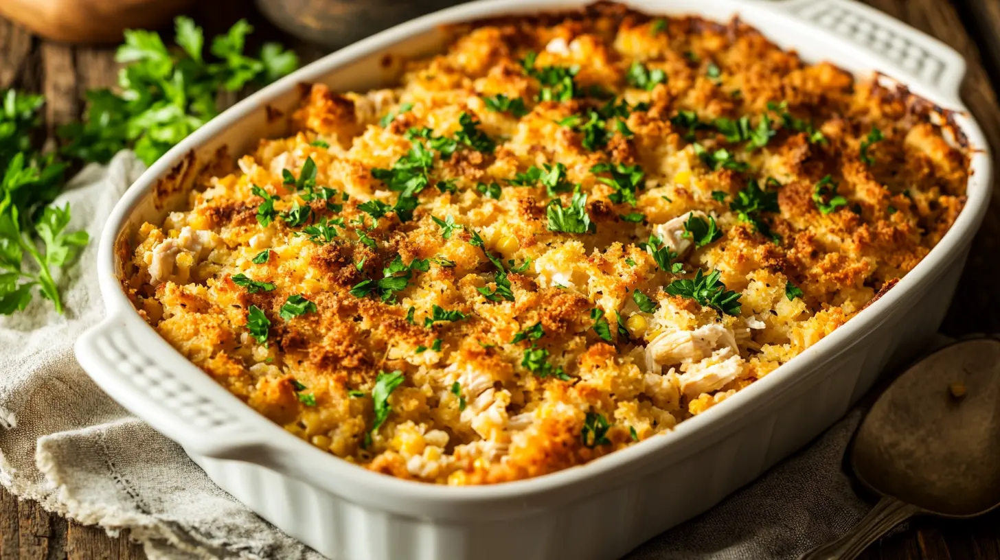 Golden brown chicken dressing recipe in a white casserole dish, garnished with fresh parsley, served on a rustic wooden table.