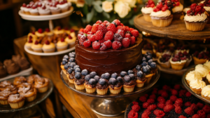 Assorted desserts including chocolate cake, fruit tarts, cupcakes, and cookies on a rustic wooden table.