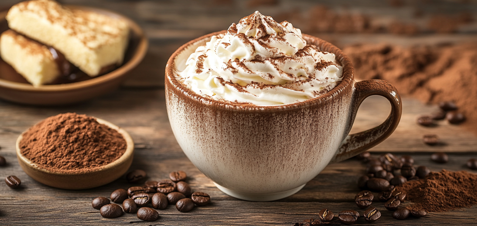 A cup of tiramisu coffee with whipped cream and cocoa powder.