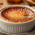 A perfect caramel crème brûlée with a crisp caramelized top in a white ramekin.