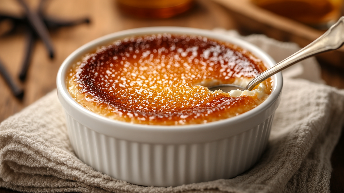 A perfect caramel crème brûlée with a crisp caramelized top in a white ramekin.
