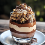 Chocolate and hazelnut dessert in a glass with chocolate shavings on top.