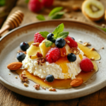 Delicious cottage cheese dessert with fruits and honey.