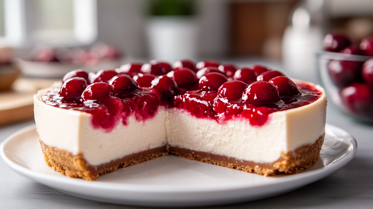 No-Bake Cherry Cheesecake with a buttery graham cracker crust, creamy cheesecake filling, and glossy cherry topping on a white plate.