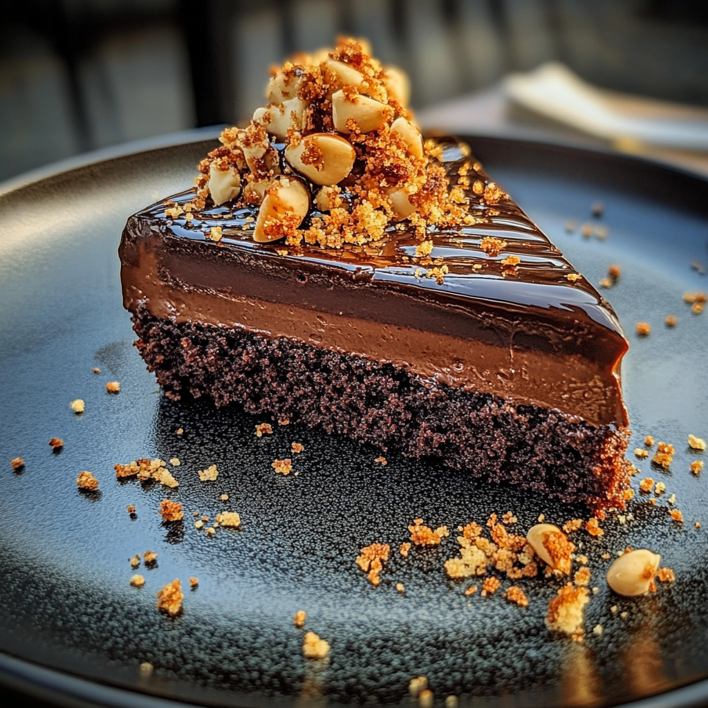 Rich delight chocolate cake slice with glossy ganache