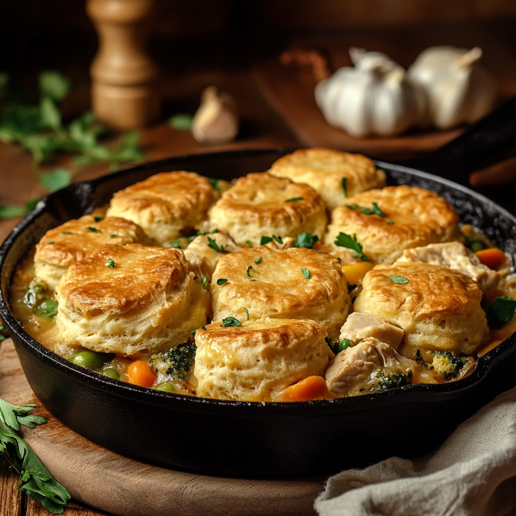 Homemade chicken cobbler recipe with golden biscuit topping