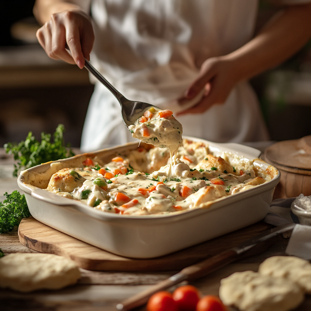 Preparing chicken cobbler recipe in a baking dish