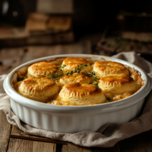 Chicken cobbler recipe in a baking dish fresh out of the oven