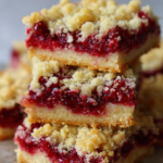 Close-up stack of homemade cranberry crumb bars with a buttery crust, tart cranberry filling, and golden crumble topping.