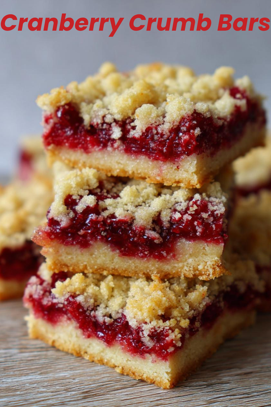 Close-up stack of homemade cranberry crumb bars with a buttery crust, tart cranberry filling, and golden crumble topping.
