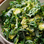 Kale & Shaved Brussels Sprouts Salad with Avocado Caesar Dressing