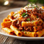 Close-up of creamy tomato beef pasta with penne and grated parmesan on a white plate, garnished with chopped parsley and rustic wooden background