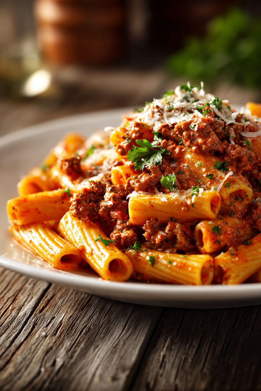 Close-up of creamy tomato beef pasta with penne and grated parmesan on a white plate, garnished with chopped parsley and rustic wooden background