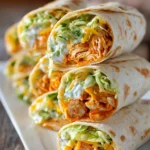Close-up of 5 Minute Buffalo Chicken Wraps cut diagonally and stacked on a white rectangular plate showing layers of buffalo chicken, shredded lettuce, diced celery, ranch dressing, cheddar cheese, and flour tortillas on a rustic wooden surface.
