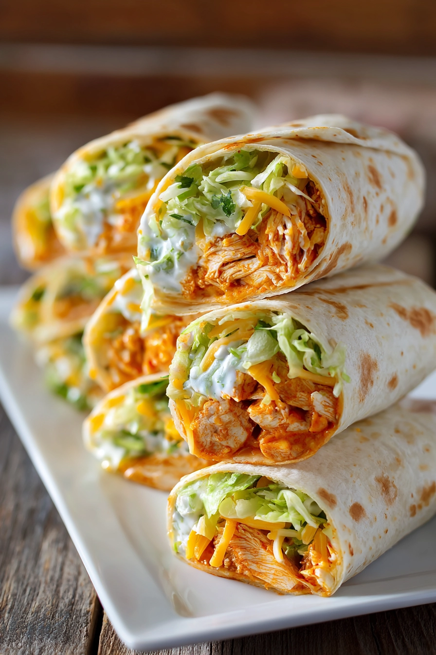 Close-up of 5 Minute Buffalo Chicken Wraps cut diagonally and stacked on a white rectangular plate showing layers of buffalo chicken, shredded lettuce, diced celery, ranch dressing, cheddar cheese, and flour tortillas on a rustic wooden surface.