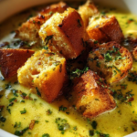 CREAMY GARLIC BREAD SOUP WITH HOMEMADE CROUTONS