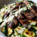 Grilled Steak Bowl with Creamy Sauce & Grilled Zucchin