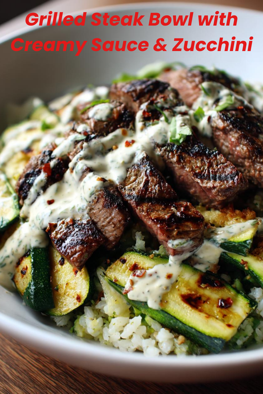 Grilled Steak Bowl with Creamy Sauce & Grilled Zucchin
