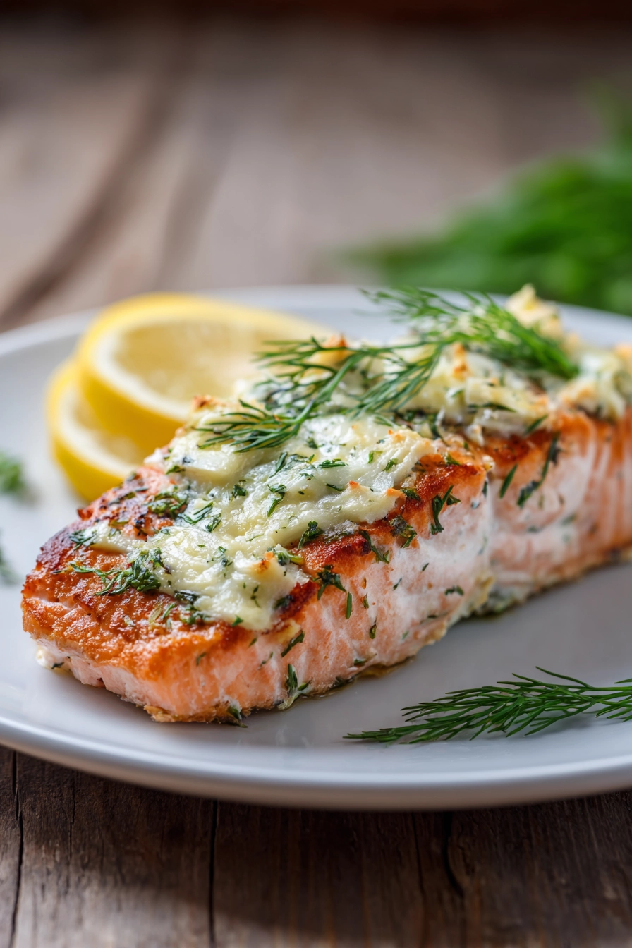 Close-up of a baked salmon fillet topped with creamy garlic herb Boursin cheese spread, garnished with a lemon slice and fresh dill on a white plate with warm natural lighting