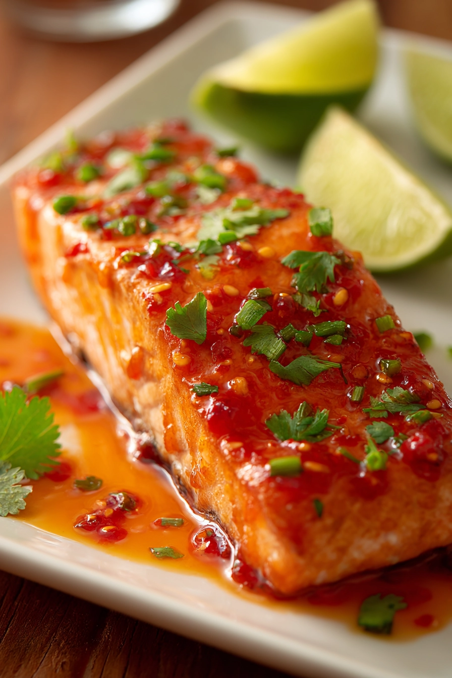 Close-up of moist baked salmon fillet with sticky sweet chili garlic glaze, garnished with chopped fresh cilantro and thin lime wedges on a white rectangular plate on rustic surface