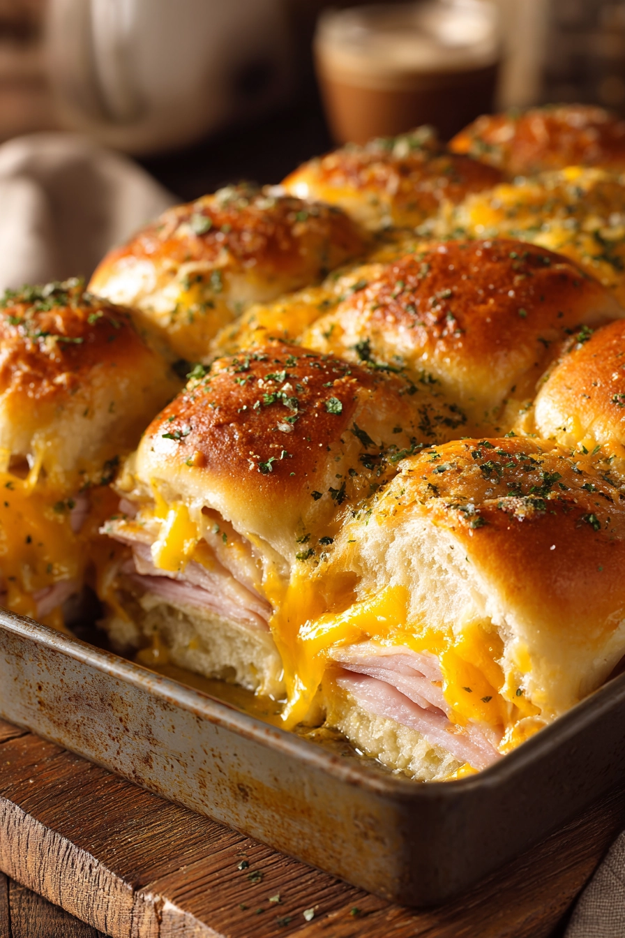 Close-up of baked turkey and cheese sliders with golden brown tops, melted cheddar cheese, and layers of sliced turkey inside soft slider buns, garnished with dried parsley on a wooden board