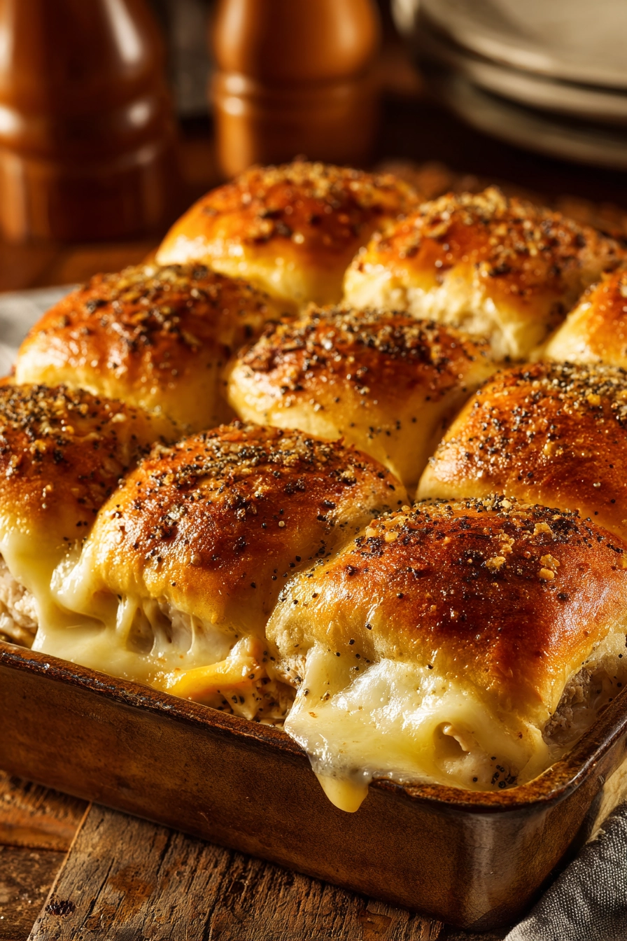 Close-up of baked turkey and cheese sliders in a rustic rectangular dish showing golden brown tops, melted Swiss cheese, sliced turkey breast, and poppy seed butter Dijon glaze on soft slider buns