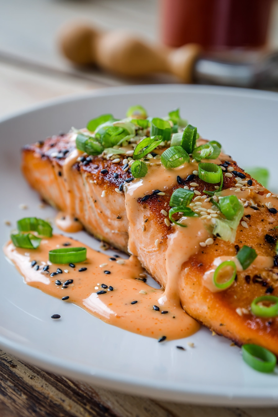 Close-up of crispy pan-seared salmon fillet drizzled with creamy spicy bang bang sauce on white plate, garnished with chopped green onions and sesame seeds