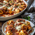 Close-up of a creamy and cheesy beefy tortellini bake with melted mozzarella and parmesan cheese, tender pasta, and browned edges served in a white ceramic baking dish and a portion on a white plate, rustic warm lighting