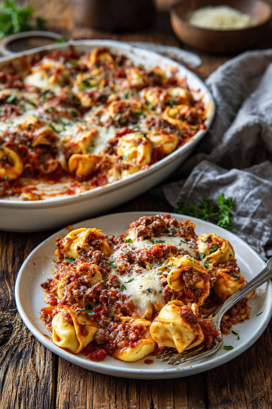 Close-up of a creamy and cheesy beefy tortellini bake with melted mozzarella and parmesan cheese, tender pasta, and browned edges served in a white ceramic baking dish and a portion on a white plate, rustic warm lighting