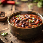 Close-up photo of a rustic bowl filled with black bean chili, showing its rich texture and warm colors on a wooden table.