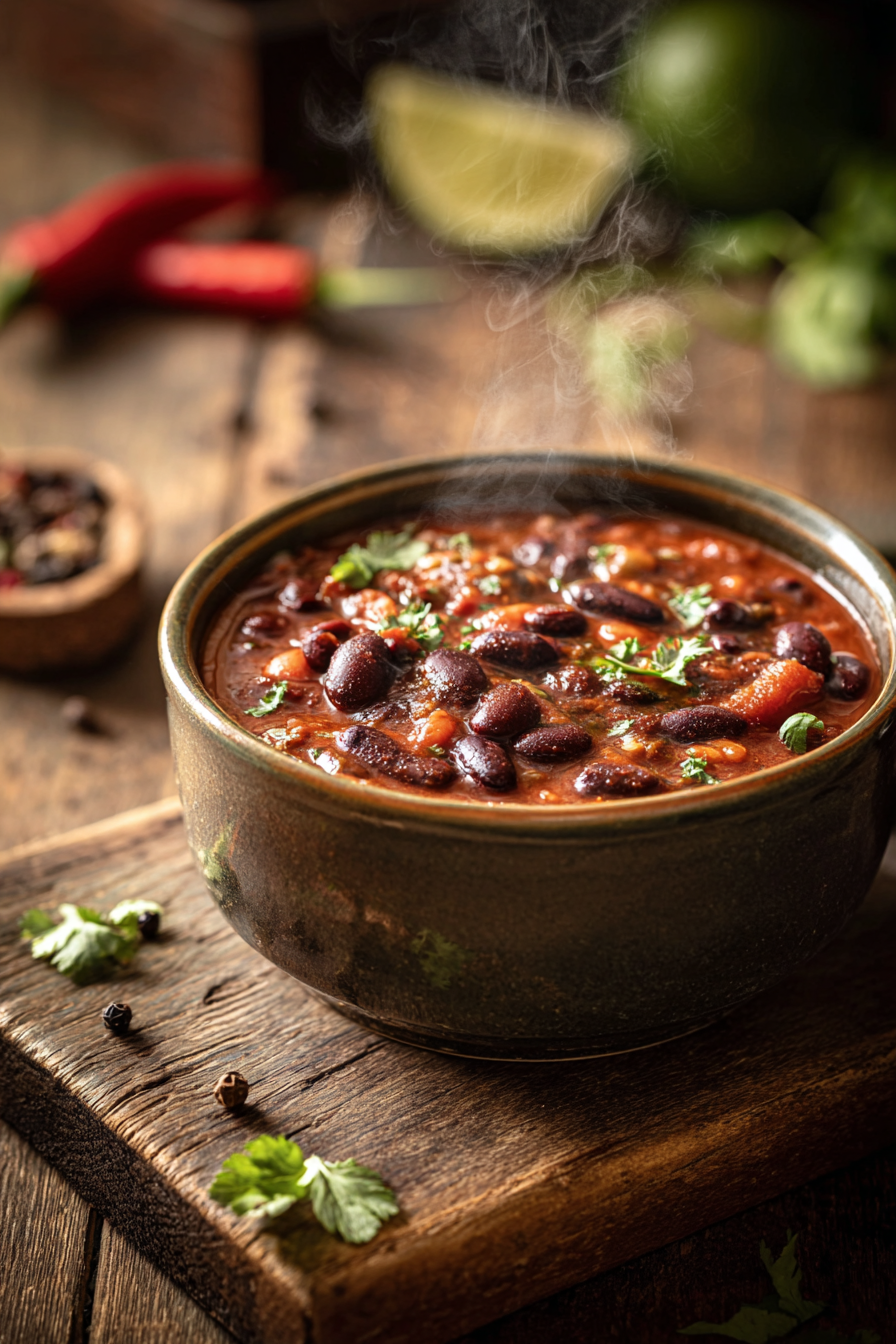 Close-up photo of a rustic bowl filled with black bean chili, showing its rich texture and warm colors on a wooden table.