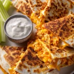 Quartered Buffalo chicken quesadillas with melted cheddar and mozzarella cheese, crispy golden tortillas, vibrant orange Buffalo sauce-coated shredded chicken, white plate with ranch dressing bowl and celery sticks on rustic wooden surface
