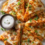 Close-up overhead image of grilled Buffalo Chicken Quesadillas cut into triangular wedges showing crispy golden tortillas, melted cheddar and mozzarella cheese, tender shredded chicken with buffalo sauce, garnished with chopped green onions on a white plate with ranch dressing.
