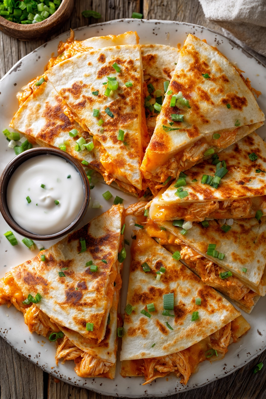 Close-up overhead image of grilled Buffalo Chicken Quesadillas cut into triangular wedges showing crispy golden tortillas, melted cheddar and mozzarella cheese, tender shredded chicken with buffalo sauce, garnished with chopped green onions on a white plate with ranch dressing.