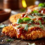 Close-up of crispy chicken parmesan topped with melted cheese, marinara sauce, and fresh basil on a rustic wooden surface