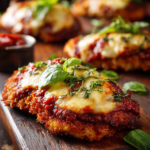 Close-up of crispy chicken parmesan with melted cheese and marinara sauce on rustic wooden surface, garnished with fresh basil.