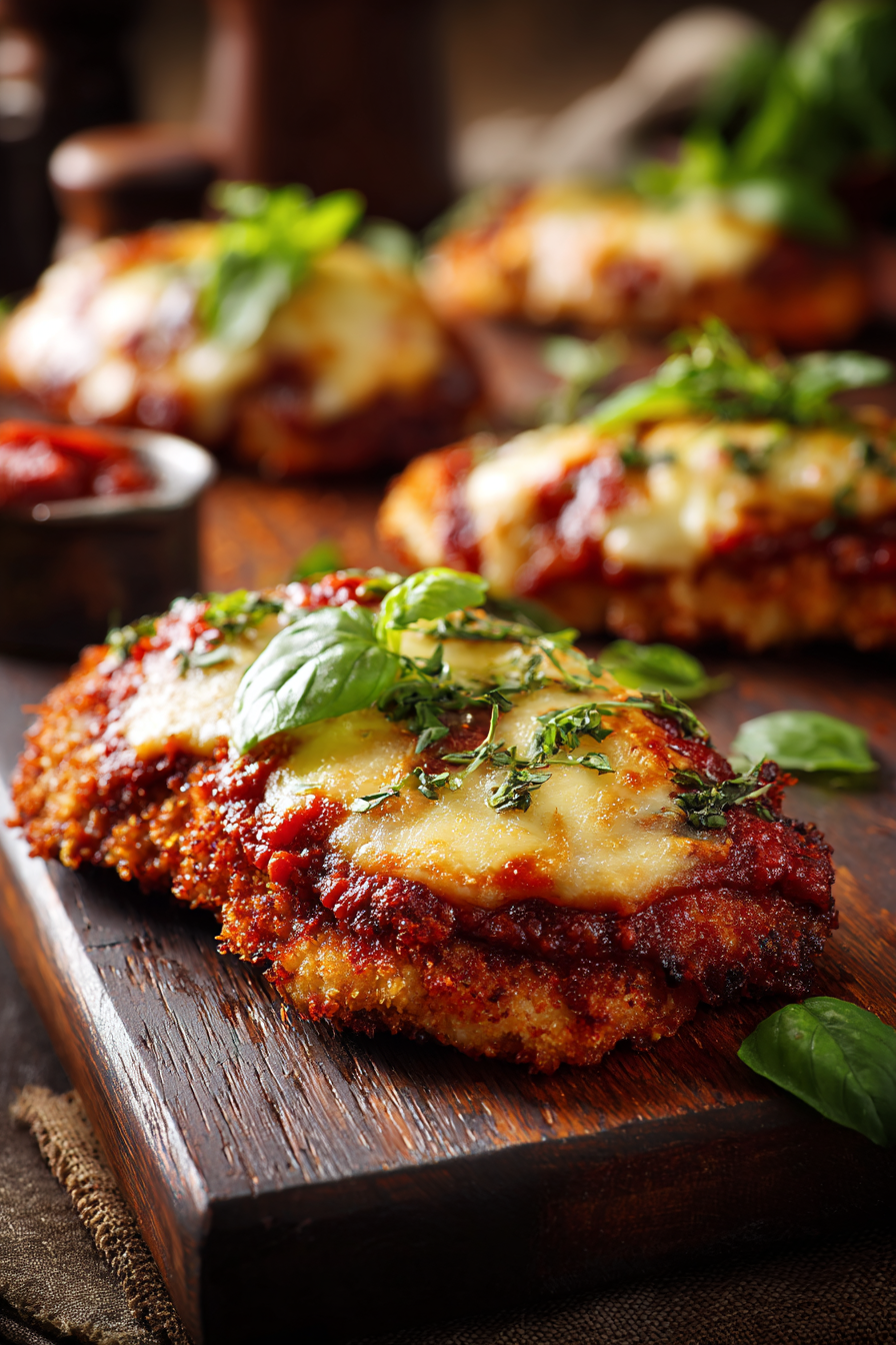 Close-up of crispy chicken parmesan with melted cheese and marinara sauce on rustic wooden surface, garnished with fresh basil.