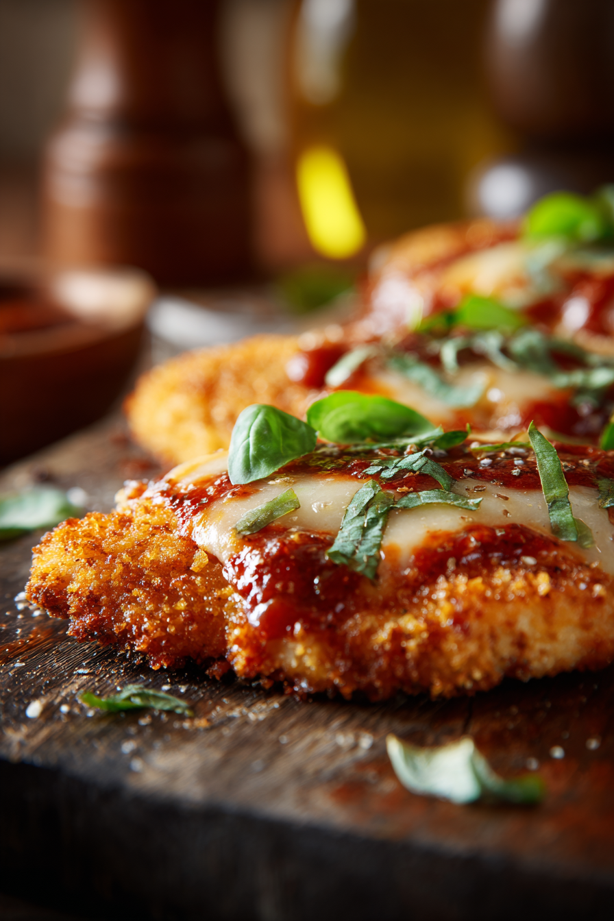 Close-up of crispy chicken parmesan topped with melted cheese, marinara sauce, and fresh basil on a rustic wooden surface