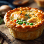 Close-up of a homemade chicken pot pie with golden flaky crust and creamy chicken and vegetable filling on a rustic wooden surface