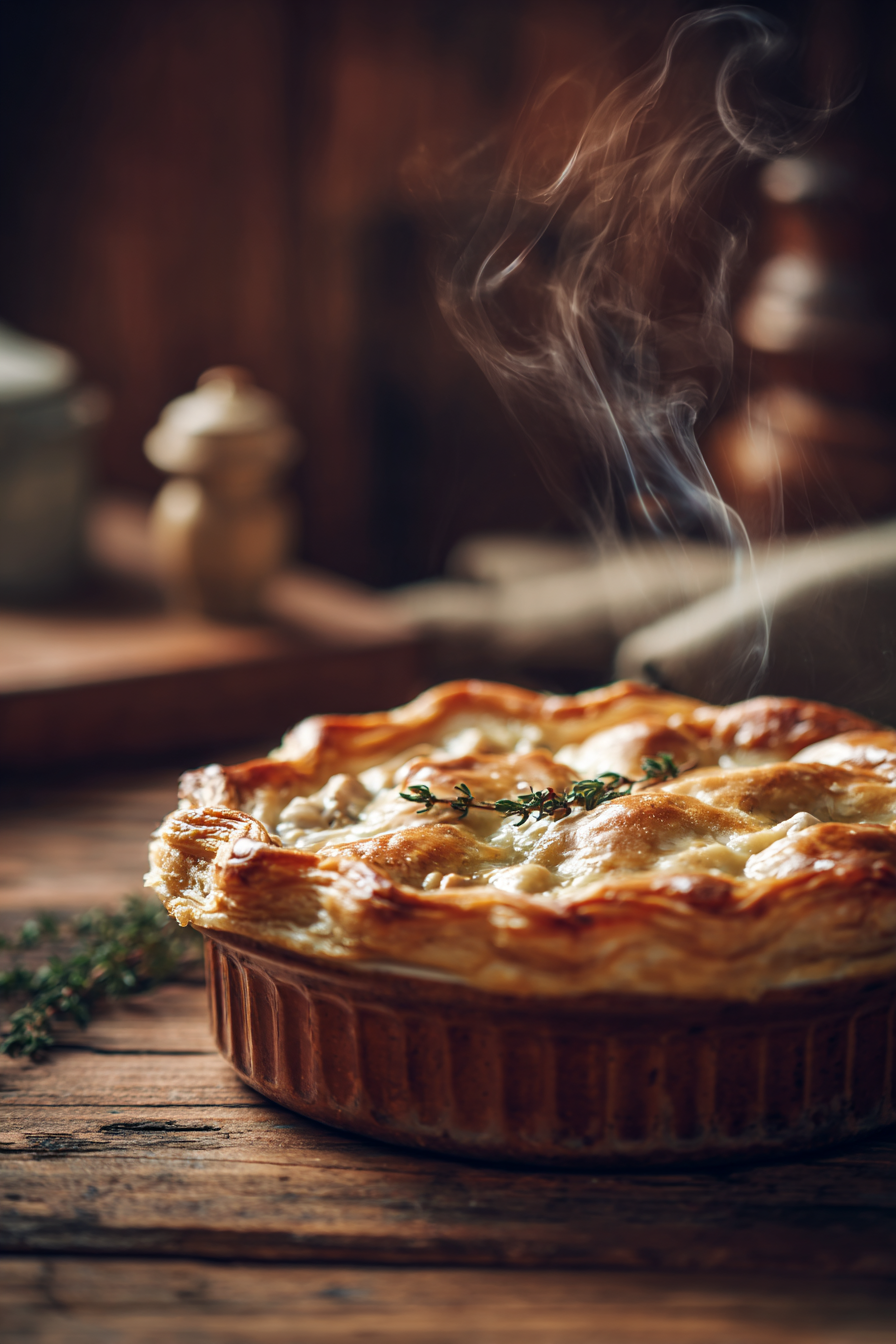 Close-up of homemade chicken pot pie with golden flaky crust and creamy chicken and vegetable filling on rustic wooden surface