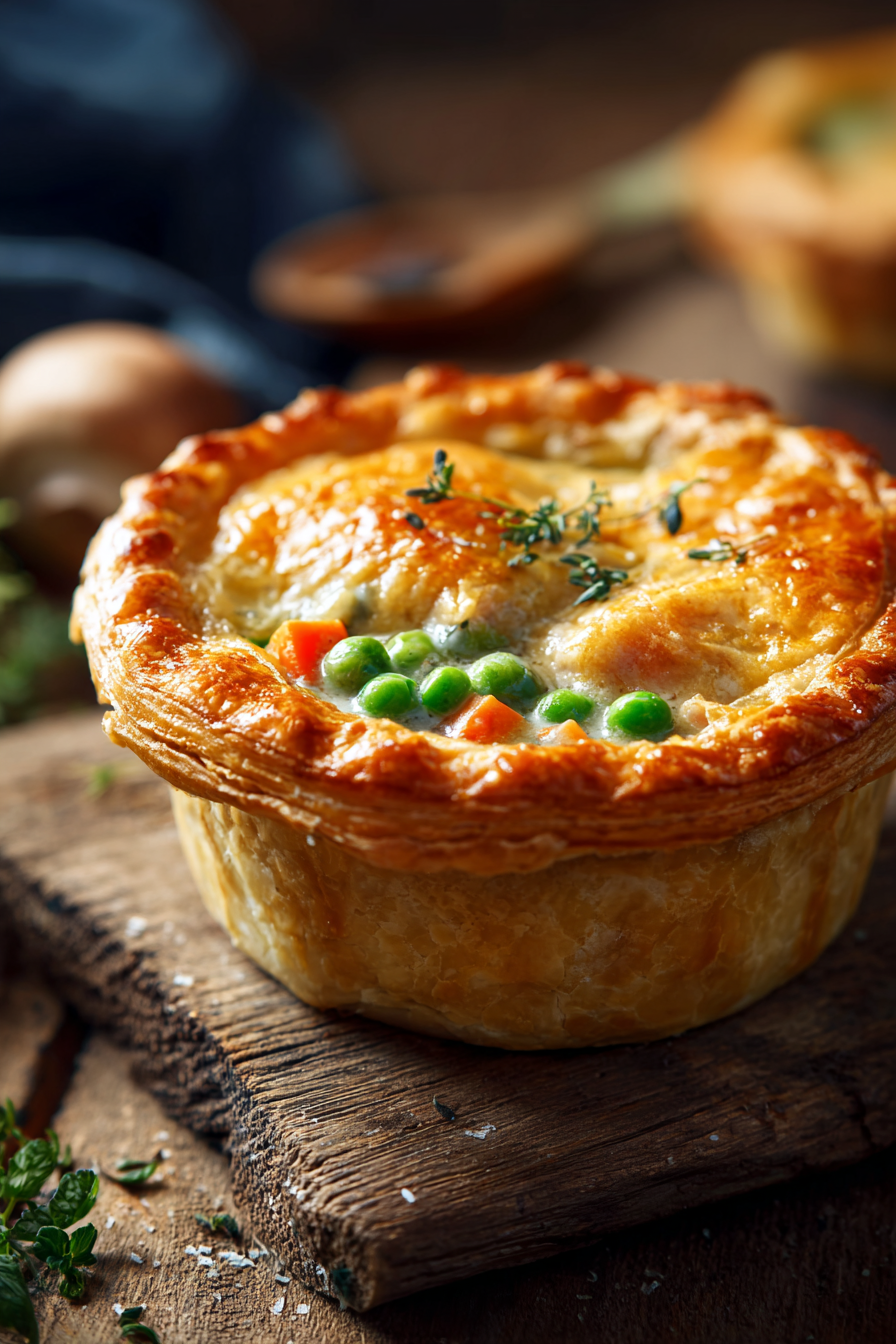 Close-up of a homemade chicken pot pie with golden flaky crust and creamy chicken and vegetable filling on a rustic wooden surface