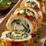 Close-up of sliced chicken roll ups with creamy spinach and cream cheese filling on a beige rectangular plate, drizzled with olive oil and sprinkled with chopped parsley, showcasing golden brown chicken and vibrant green spinach.