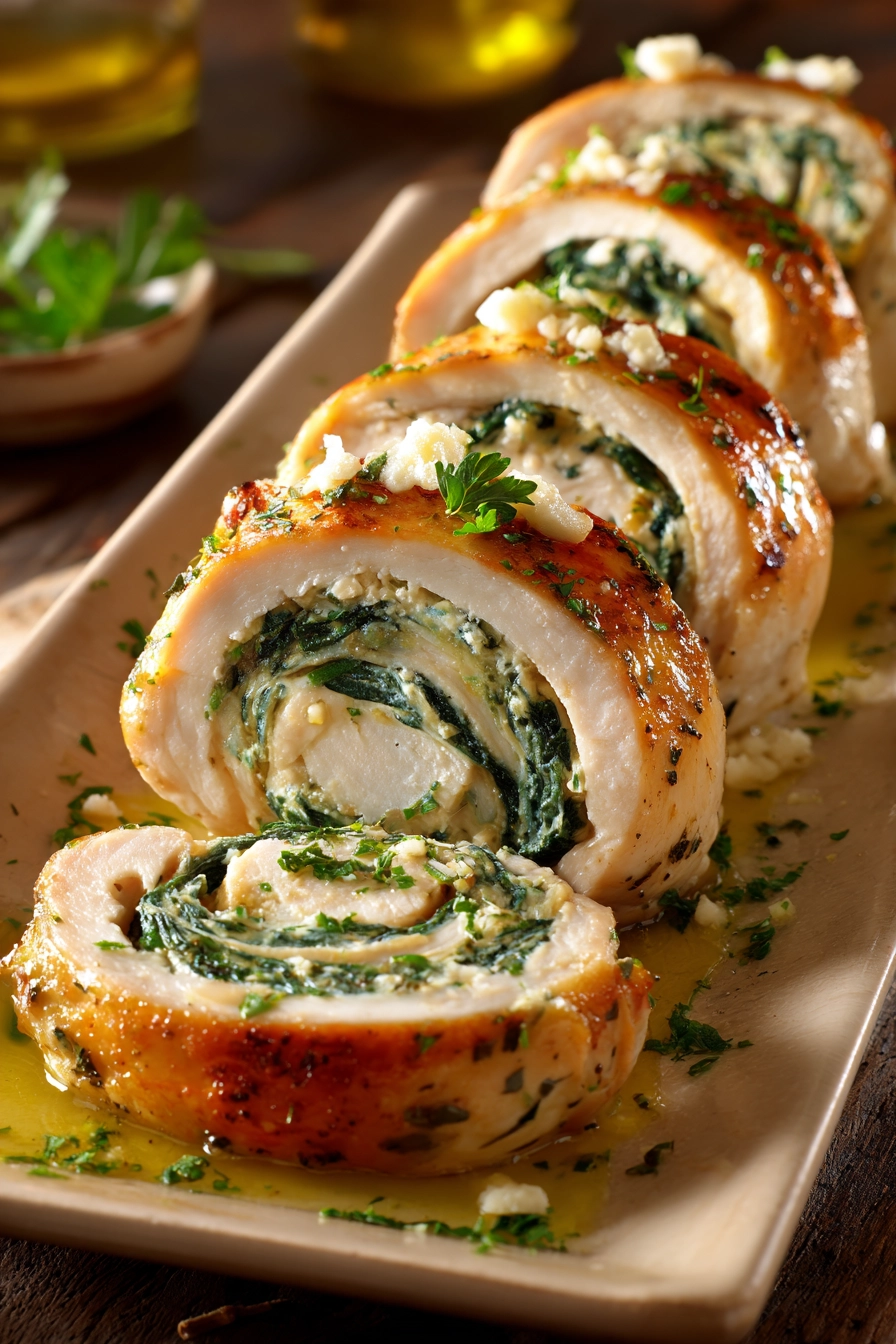 Close-up of sliced chicken roll ups with creamy spinach and cream cheese filling on a beige rectangular plate, drizzled with olive oil and sprinkled with chopped parsley, showcasing golden brown chicken and vibrant green spinach.