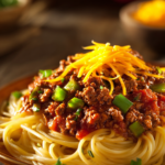 Close-up of rustic Cowboy Spaghetti with tender twirled pasta, chunky ground beef tomato sauce with bell peppers, and shredded cheddar cheese on top