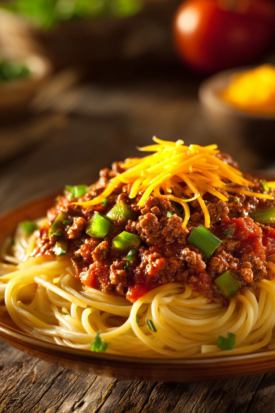 Close-up of rustic Cowboy Spaghetti with tender twirled pasta, chunky ground beef tomato sauce with bell peppers, and shredded cheddar cheese on top