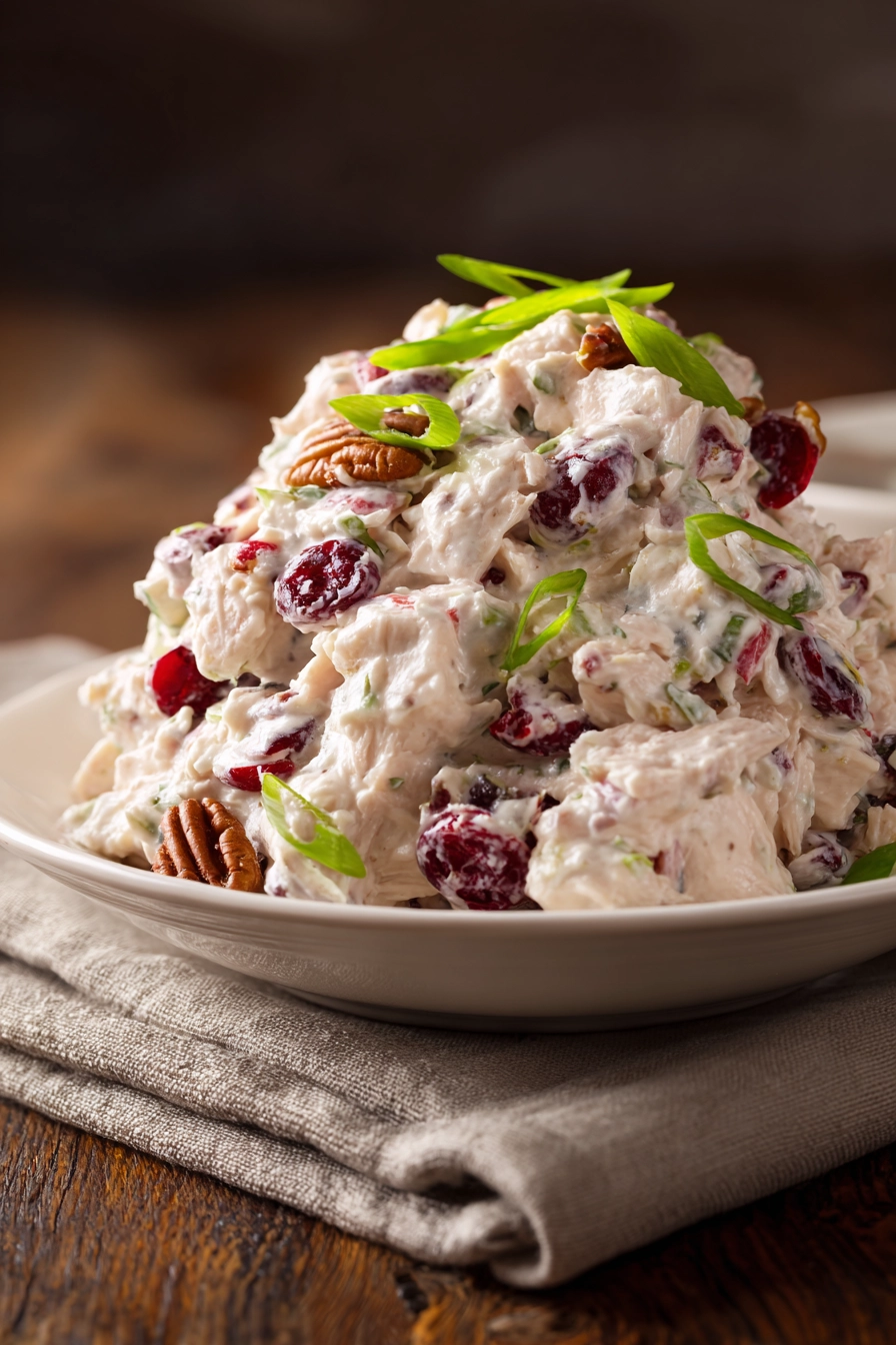 Close-up of creamy cranberry pecan chicken salad in a shallow white bowl featuring diced cooked chicken breast, dried cranberries, chopped pecans, celery, and green onions in a creamy mayonnaise and Greek yogurt dressing.