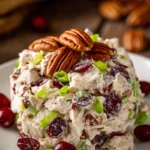 Close-up of creamy cranberry pecan chicken salad with diced poached chicken, dried cranberries, chopped pecans, celery, and green onions on a white plate, warm natural light highlighting fresh textures