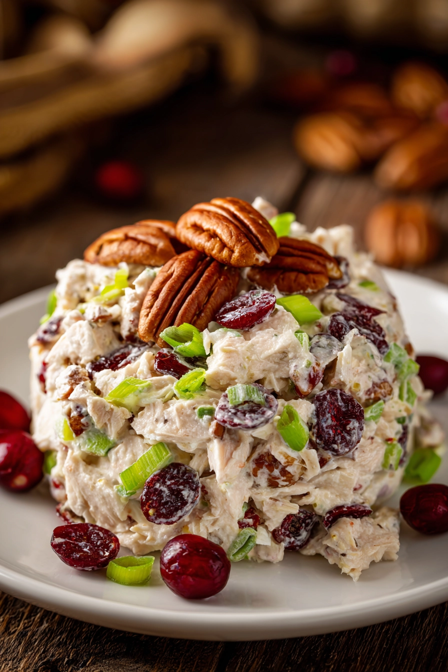 Close-up of creamy cranberry pecan chicken salad with diced poached chicken, dried cranberries, chopped pecans, celery, and green onions on a white plate, warm natural light highlighting fresh textures
